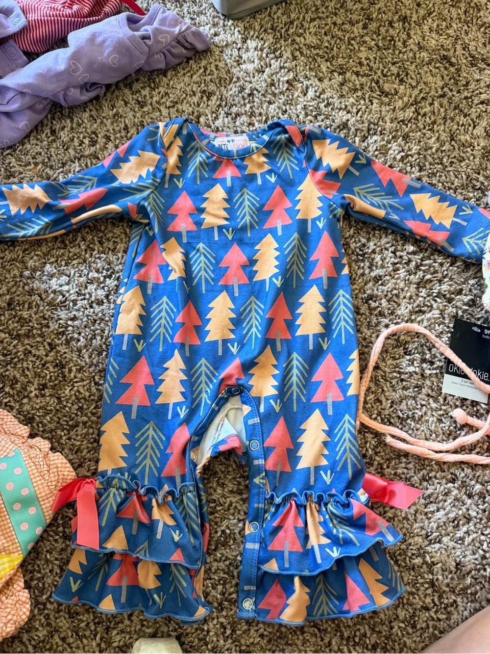 Blue Holiday Tree Ruffle Romper with Button Inseam